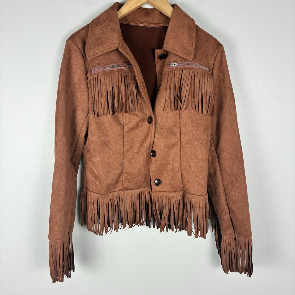 Womens Fringe Jacket Faux Suede Western Festival Cowgirl Brown Cropped Small New